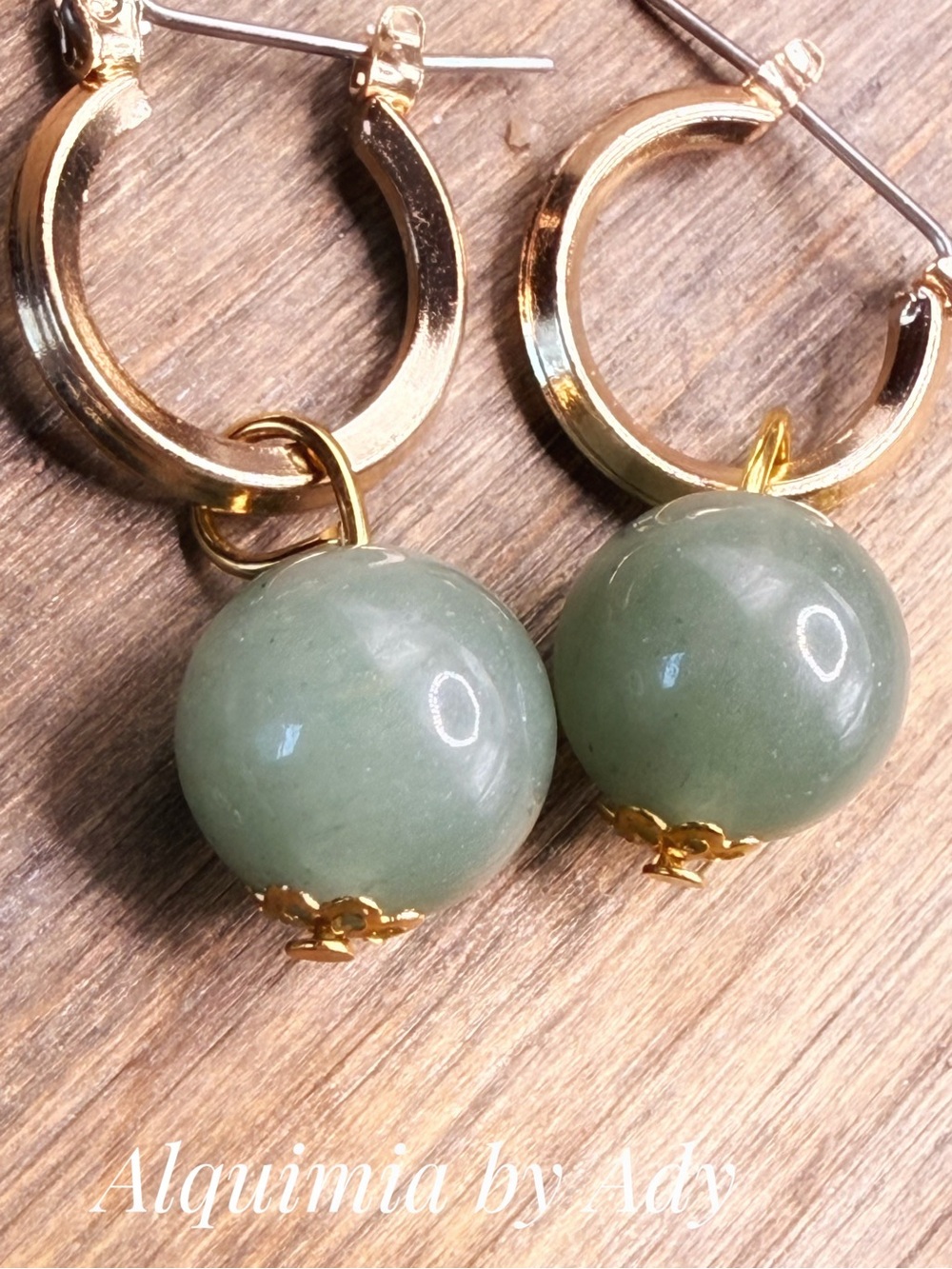 Elegant Gray - sage green Aventurine gold hoops Earrings